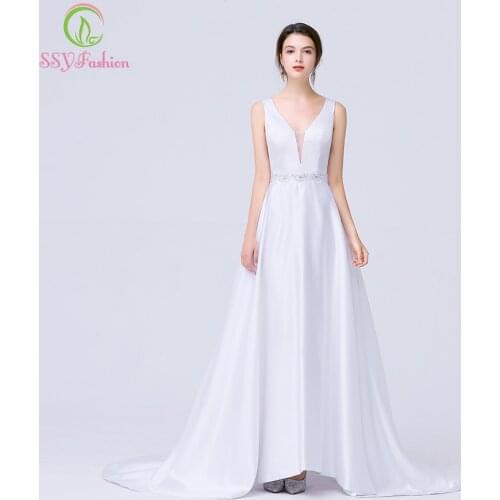 SSYFashion White Satin Evening Dress Sexy V-neck Backless Long Banquet Formal Gown Vestido De Noche Special Occasion Dresses
