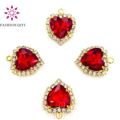 12mm Red heart shape gold base single loop Crystal button flatback Glass sew on rhinestones diy wedding decoration Accessories