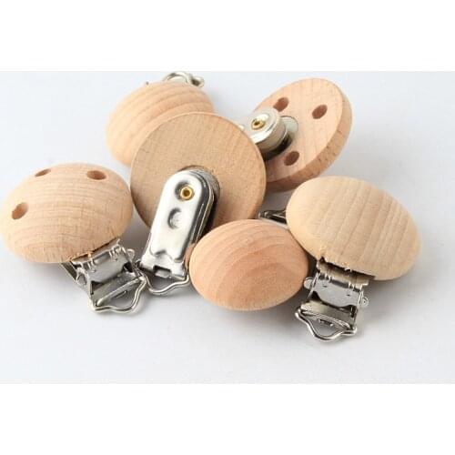 5pcs Natural Wooden Pacifier Maple Metal Clips Holder Round Teether Pacifier Clip Wooden Teething Beads