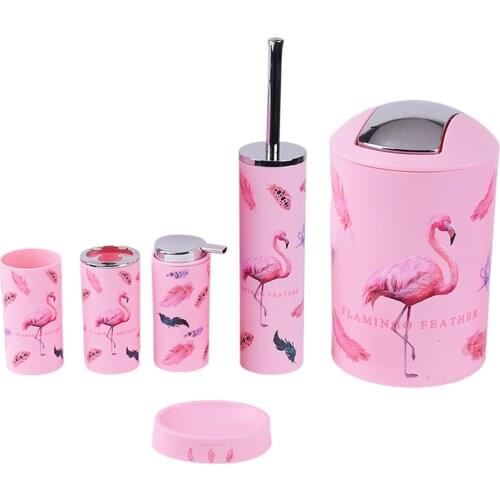 6pcs Flamingo Pattern Soap Dish Dispenser Tumbler Bathroom Practical Accessories