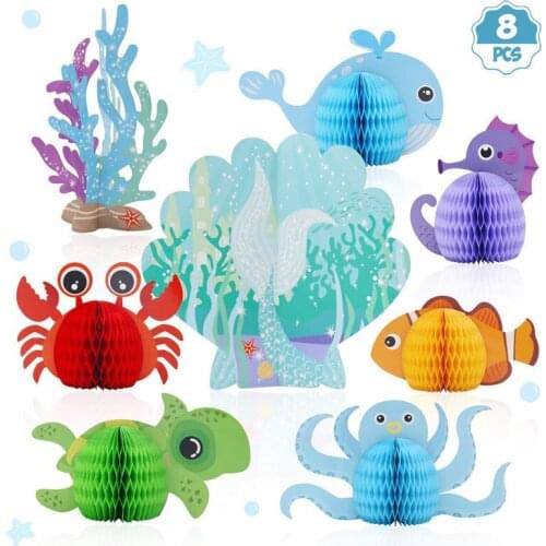 8Psc/Set Mermaid Ocean Animals DIY Honeycomb Ball Little Mermaid Theme Birthday Table Decor Kids Party DIY Supplies Decorations