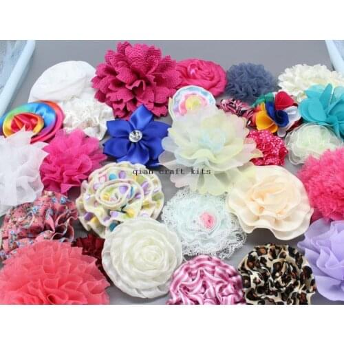 80pcs Assorted Boutique Diy Fabric Flower 2"to 4" Random Mix Designs Flowers Sampler Set Grab Bag display