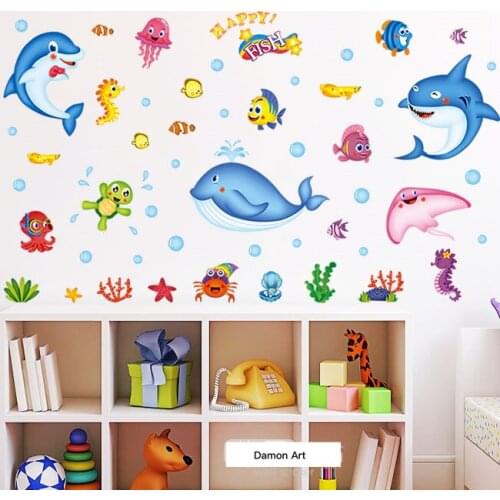 96*90CM Wall Sticker Cartoon Ocean Fish Picture Paintings for Living Room Bedroom Toilet Nursery Kids Room Animal Stickers Art
