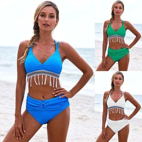 Solid With Striped Tassel Bikini Push Up High Waist Swimsuit Women Adjustable Criss Cross Back Bathing Suit Plus Size Swimwear