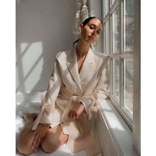 High Street Autumn New Chic Sparkle Blazer Dress Bow Design Long Sleeves Turn-down Collar Celebrity Party Club Vestido