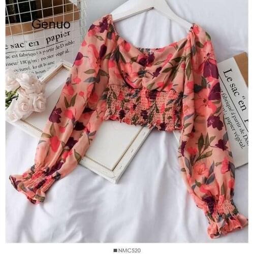Wooden Ear Print Blouse Holiday Beach Style Slim Fit Pleat Blusas Square Collar Off Shoulder Chiffon Shirt 48982