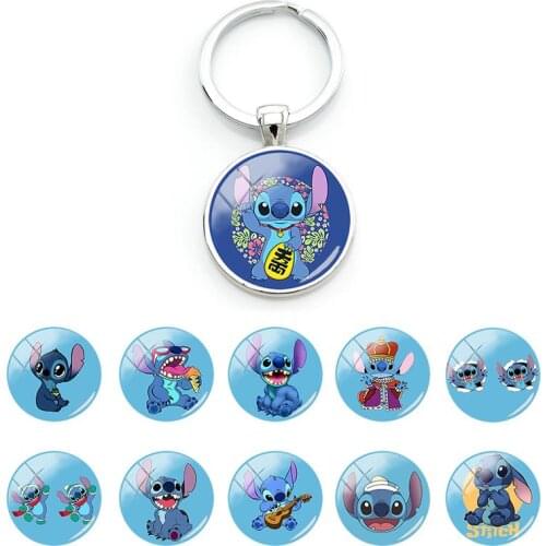 Disney Lilo & Stitch Keychain Bag Car Keyring Temperament Fashion for Boys Girls Glass Cabochon Pendant Keychains Unisex DSN263