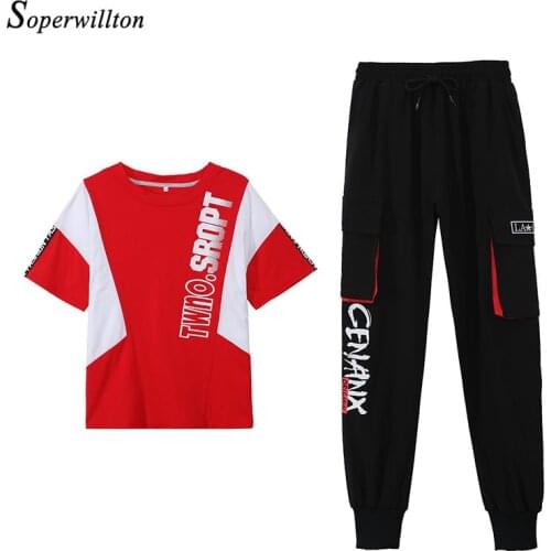 2pcs Set Tshirt + Pants Women Suit Set Street Hiphop Joggers Sweatpants Short Long Sleeve Letter Print Harajuku Cargo Trouser