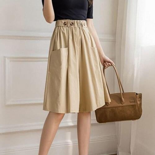 Womens Summer Wide Leg Short Pants Fashion Large Pocket Loose Casual Slim Knee Length Trousers Female Army Green Khaki