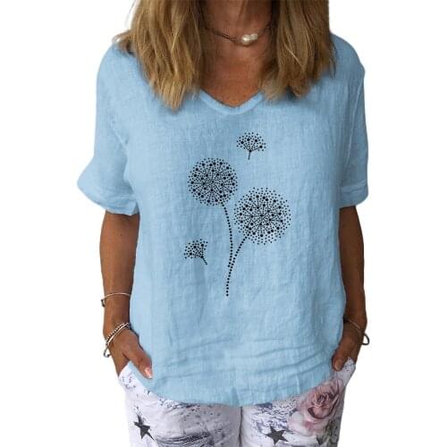 T-shirt Women Summer Dandelion Print Cotton Linen TShirts Women Casual V Neck Short Sleeve Print Cotton Linen Top Lady T-shirt