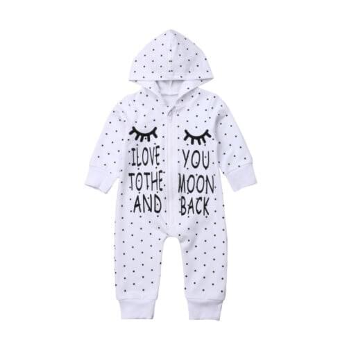 Newborn Baby Boy Girl Dot Hooded Cotton Long Sleeve Letter Bodysuit Jumpsuit Outfits Clothes Size 0-24M