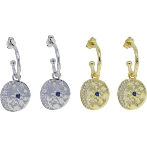 Micro Pave White Blue CZ Moon North Star Signet Coin Charm Dangle Dangling Earriing
