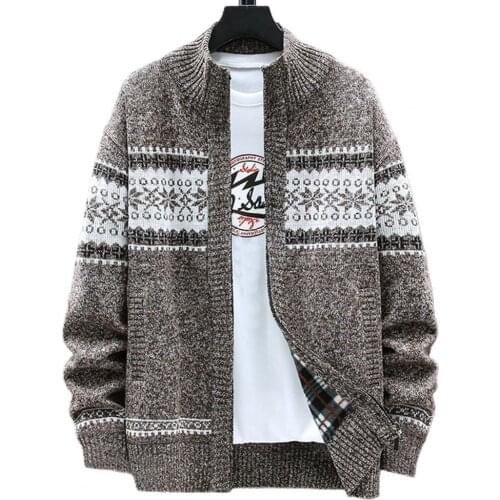 Men Coats Knitted Long Sleeve Cardigan Printing Stand Collar Casual Warm Sweater Jackets Slim- Fit Outerwear Autumn Winter