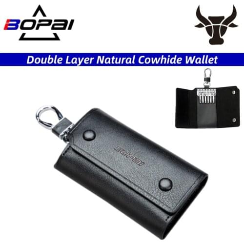 BOPAI 100% Genuine Leather Men Wallet Coin Purse Double layer Nature Cowhide Key Case Mini Card Holder Chain Male Wallet Pocket