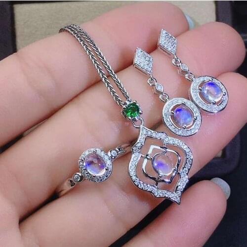 Real Natural Moonstone jewelry set Natural Real Moonstone 925 sterling silver 1pc pendant,1pc ring,2pcs Earring