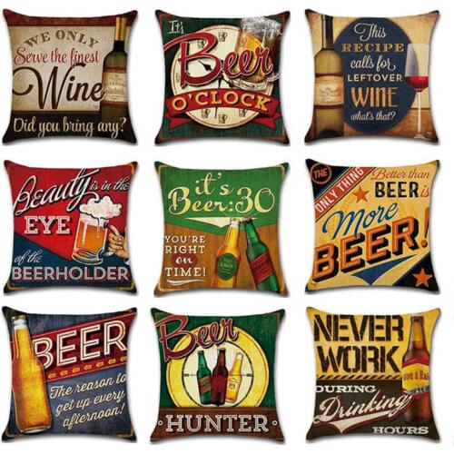 Beer Wine Retro Style Cushion Cover Cotton Linen Home Decorative Throw Pillow Case Party Bar Sofa Seat Cushion Cover Pillowcase