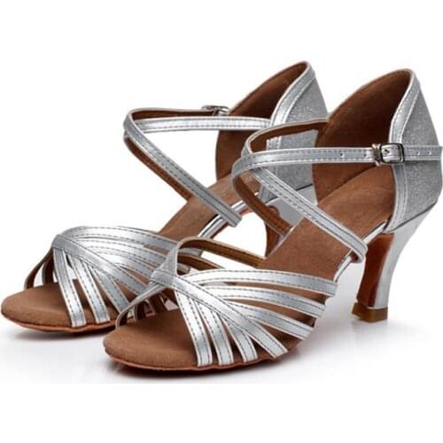 Girls Tango Dancing Shoes Womans Latin Dance Shoes Women Ballroom Latin Shoes Ladies Outdoor Dancing Heel 7CM Gold/Silver A263
