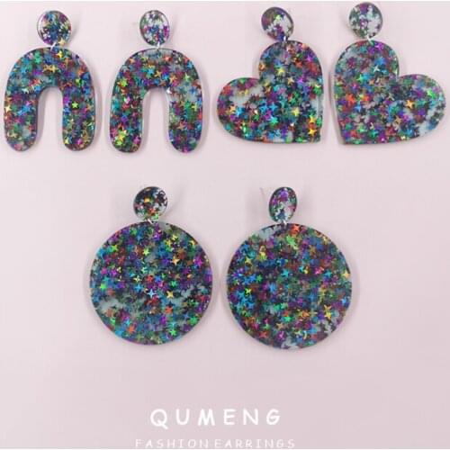 QUMENG New Bohemian Fashion Vintage Design Jewelry Geometric Round Heart-shaped Glitter Star Sequin Acrylic Drop Earrings Women