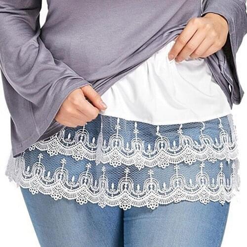 Plus Size Women Skirts Extend Lace Trim Hollow Out Shirt Blouse Fake Hem Mini Skirt Safety Underskirt Blouse Accessories