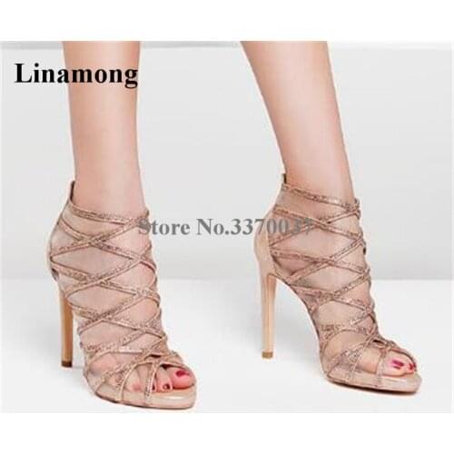 Women Fashion Open Toe Bling Bling Rhinestone Thin Heel Gladiator Sandals Mesh Gold Black Crystal Strap Cross High Heel Sandals