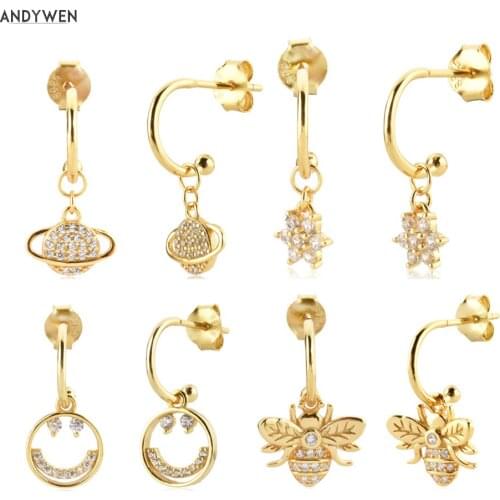 ANDYWEN 925 Sterling Silver Gold Zircon Smiley Face Earring Shiny Planet Earring Bee Luxury Jewelry Pendiente Luxury Jewelry