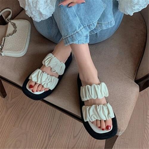 PXELENA INS Hot Women Flat Platform Pleated Summer Slippers Genuine Leather Slides Beach Outside Daily Comfort Shoes Lady Date