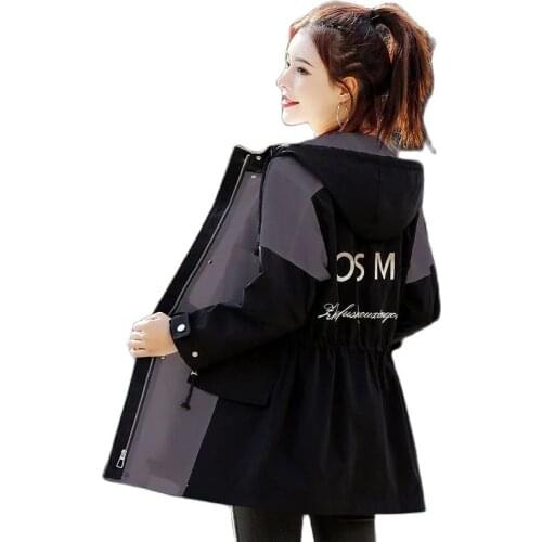 Spring Autumn New Womens Windbreakers Coats Mid Long Drawstring Color Block Female Coat Casual Hooded All-Match Ladies Jacket