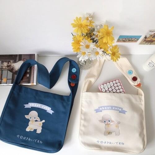 Little Lamb Print Women Canvas Shoulder Bag Button Design Crossbody Bags Adjustable Strap Large Capacity Messenger Bag For Lady