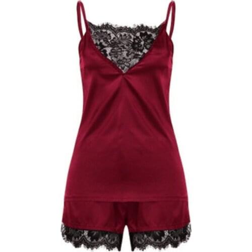 Wine Red Womens Lace Satin Sleepwear Cami Top And Shorts Pajama