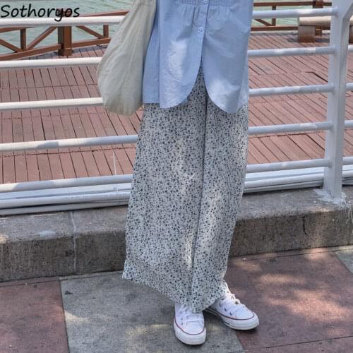 Women Baggy Sleep Bottoms White Floral Fresh Cozy Sweet Girls Trendy Ankle Length Pants Female Lounge All-match Large Size S-3XL