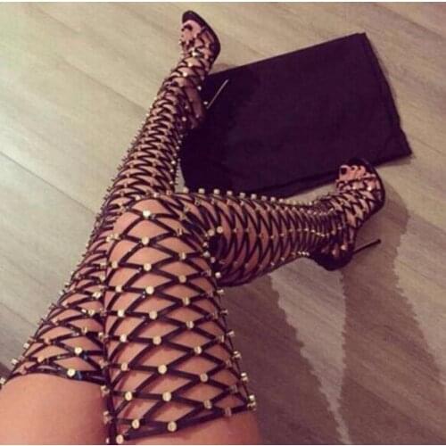 2018 Summer Hot Women Thigh Gladiator Boots Metal Stud Cover Peep Toe Ladies Cut Outs Fashion Long Boots Sexy High Heel Boots
