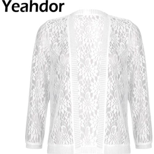 Women Hollow Floral Lace Crochet Bolero Open Front 3/4 Sleeve Plus Size Sheer Shrug Cardigan Wedding Accessories Bridal Wraps