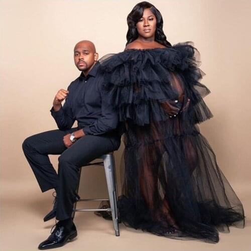 Ropa De Mujer Black Ruffles Tulle Maternity Long Robe Full Sleeves See Thru Off The Shoulder Women Dresses Vestidos