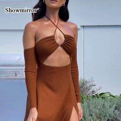 Showmirror Elegant Halter Sexy Split Midi Dress Women Brown Cut Out Backless Sleeveless Club Party Lace Up Dresses Outfits Y2K