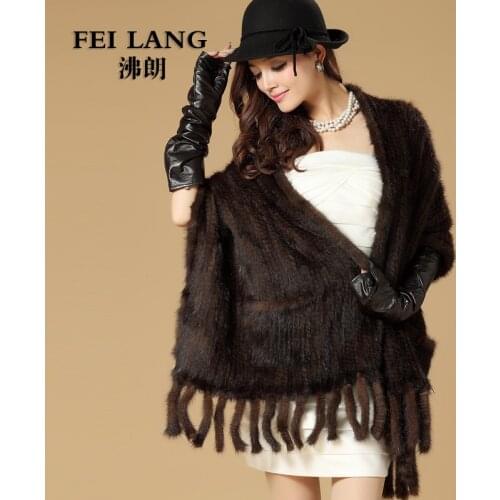 2016 Luxury Autumn Winter Ladies' Genuine Real Knitted Mink Fur Shawls with Tassels Women Fur Pashmina Wraps Bridal Cape VF0510