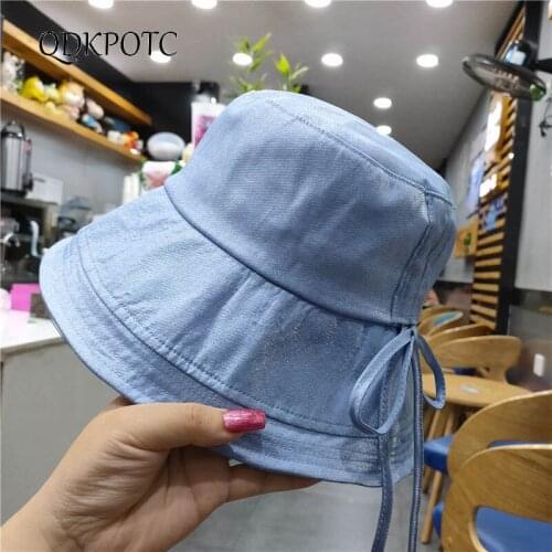 2021 Cap Summer New Women Drawstring Bucket Hats Fashion Breathable Casual Sandy Beach Collapsible Shading Sun Hats QDKPOTC