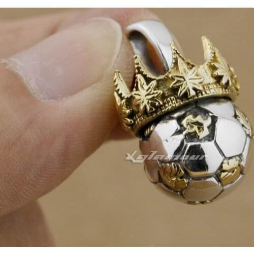 925 Sterling Silver Football & Brass Crown Mens Biker Rocker Pendant 9H023