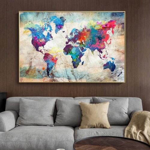 Abstract Colorful Pop Interior World Map Picture Canvas Painting Posters and Printed Wall Art Wall for Living Room Decoration