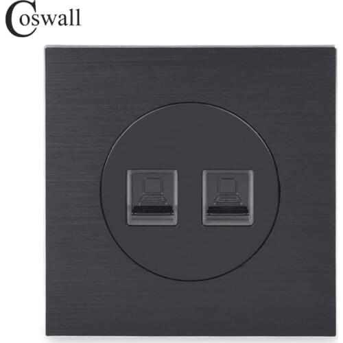 Coswall Aluminum Panel CAT5E Dual RJ45 Internet Jack Outlet Wall Data Computer Socket Knight Black