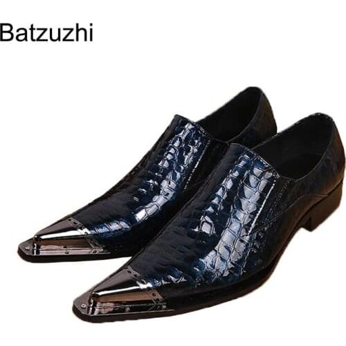 Batzuzhi Handmade Mans Shoes Metal Pointed Toe Man Leather Dress Shoes Classic Formal Business Shoes Men Party and Wedding
