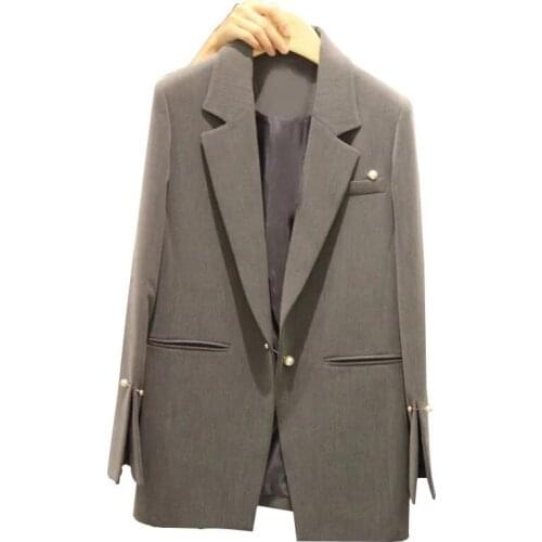 Women Blazers 2021 Spring Autumn Female Long Sleeve Suit Office Lady Outerwear Slim Casual Jackets Solid Gray aq234