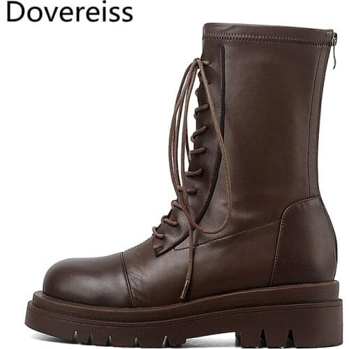 Dovereiss Fashion Womens Shoes winter Sexy brown Round toe Back zipper Buckle lace up boots Matin boots ankle boots 34-43