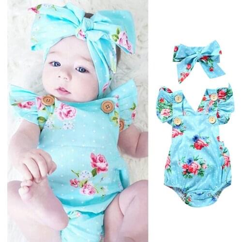2Pcs Baby Romper Jumpsuit Infant Baby Girl Floral Print Sleeveless Newborn Backless Headband Summer Cotton Girls Clothes Outfit