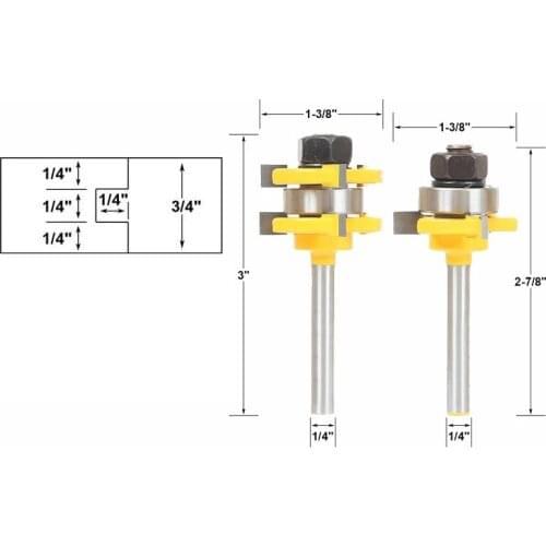 2Pcs 1/4" Shank Tongue & Groove Router Bits 3/4" Stock 3 Teeth T-shape Tenon Milling Cutter for Wood Woodworking Tools MC01018