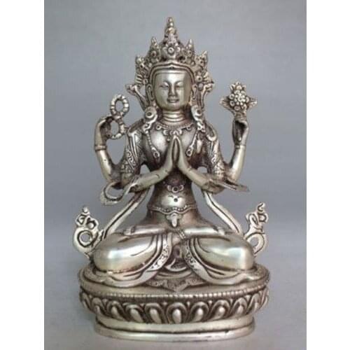 Exquisite Tibet Buddhism White Copper Bodhisattva Four-arms Avalokiteshvara Buddha Statue