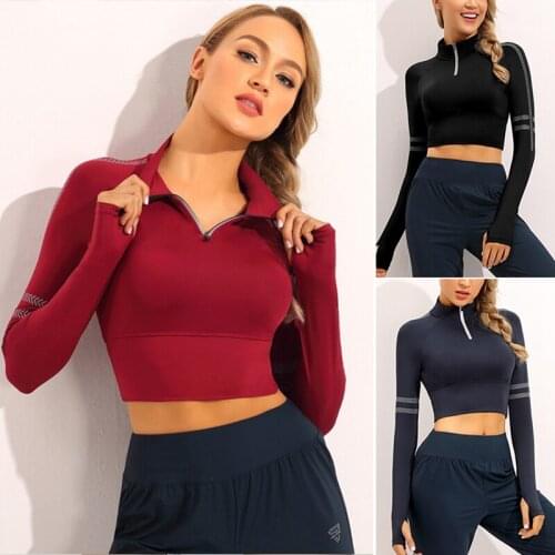Hot Kf-Womens Zipper Slim Sports Running Fitness Clothes Stretch Tight Navel Long Sleeve Quick Dry Tops