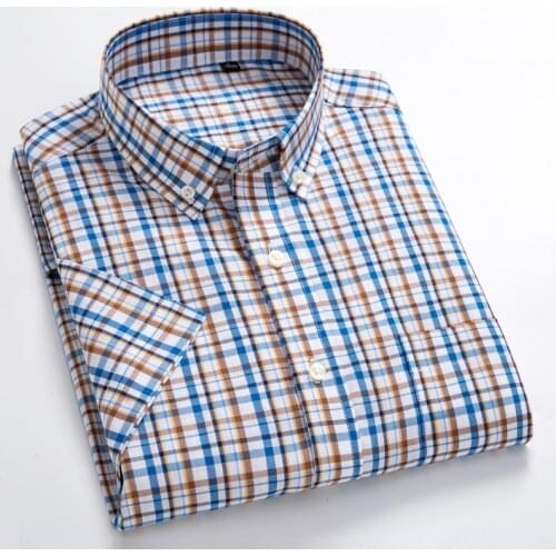 100% Pure Cotton Summer Short Sleeve Shirt Men Checker Korean Ultra-thin Slim Mens Shirt Casual Slim Fit Half-sleeved Shirt