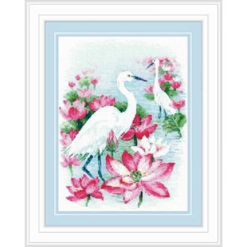 Fishxx Precision Printing Small Fish Cross Stitch D868 Lotus Pond Crane Embroidery Kit Study Decoration Paintings Cross Stitch