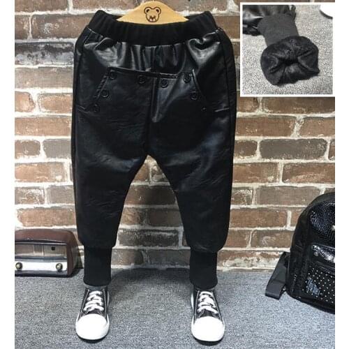 Autumn winter children sport pants baby boys girls pants warm pants kids plus velvet thickening trousers kids pu leather pants