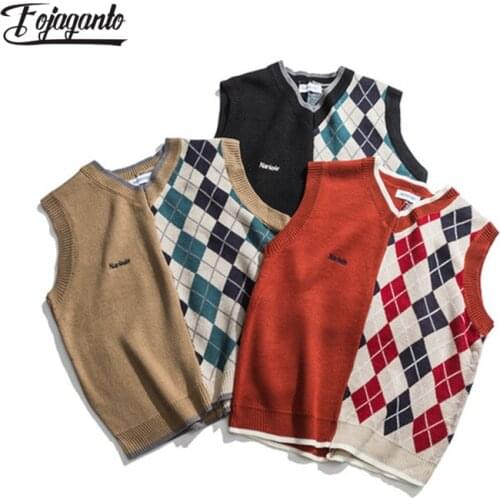 FOJAGANTO Autumn Couple Knit Vest Men Japanese Style Stitching Diamond Lattice Sleeveless Sweater Fashion Vintage Loose Vest Men